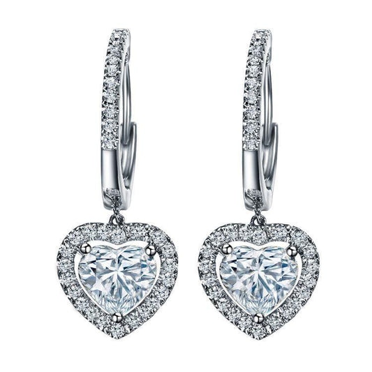 Orecchini Pendenti In Oro Bianco 14K Con Vero Diamanti A Taglio Rotondo E Cuore Da 3,40 Ct