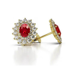 Orecchini a lobo Taglio rotondo con rubini e diamanti in oro giallo 5 Ct 14K