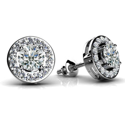 Orecchino A Bottone A Cerchio Centrato Con Naturale Diamanti A Taglio Rotondo Da 5.70 Ct. Oro Bianco 14K Con Pavé Halo