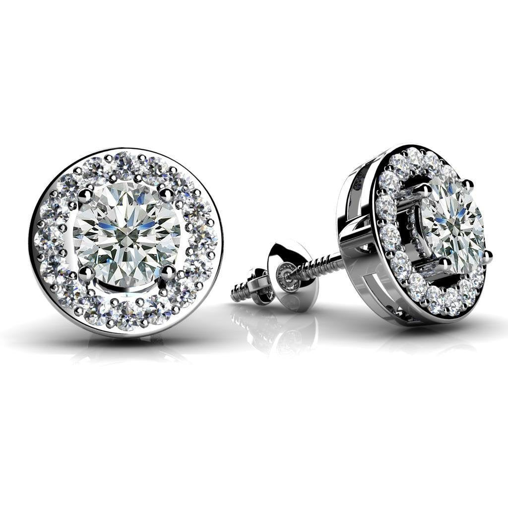 Orecchino A Bottone A Cerchio Centrato Con Naturale Diamanti A Taglio Rotondo Da 5.70 Ct. Oro Bianco 14K Con Pavé Halo