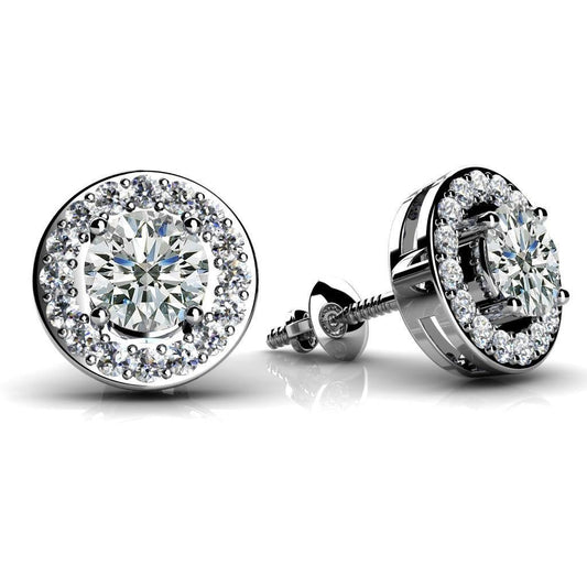 Orecchino A Bottone A Cerchio Centrato Con Naturale Diamanti A Taglio Rotondo Da 5.70 Ct. Oro Bianco 14K Con Pavé Halo