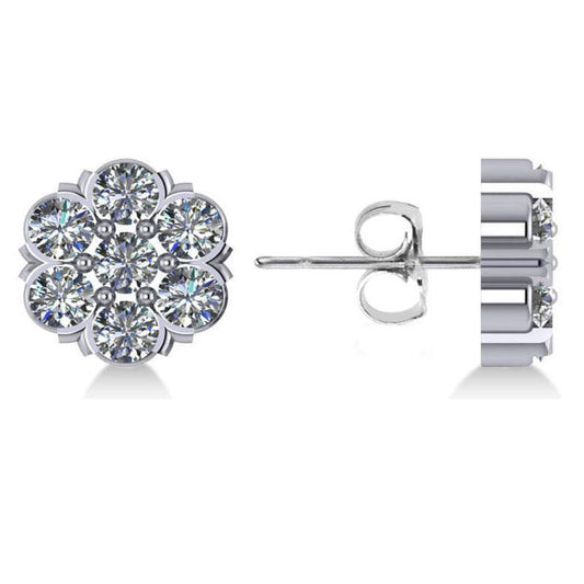 Orecchino A Bottone A Forma Di Fiore. Oro Bianco 14K Con Genuino Diamanti A Taglio Rotondo Da 3.50 Ct