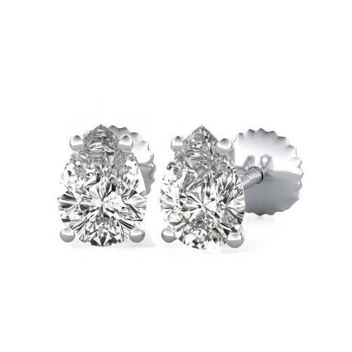 Orecchino A Bottone Con Naturale Diamante Taglio Pera A 4 Griffe Oro Bianco Massiccio 2 Ct.