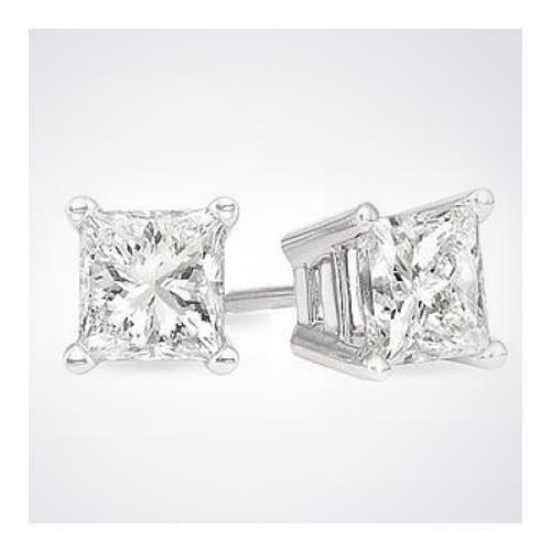 Orecchino A Bottone Con Vero Diamante Taglio Principessa 3 Carati In Oro Bianco Massiccio 14K