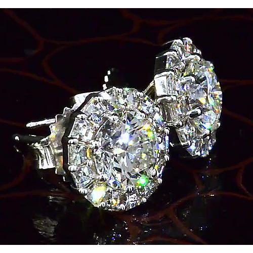 Orecchino A Lobo Con Genuino Diamanti Rotondi Stile Halo 3.50 Carati In Oro Bianco 14K