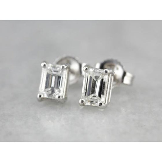Orecchino a Bottone Con Vero Diamante Taglio Smeraldo Da 1 Carato in Oro Bianco 14k Da Donna