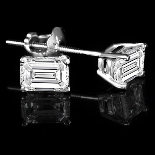 Orecchino a Bottone in Oro Bianco 14k Con Vero Diamante Taglio Smeraldo Da 2 CT