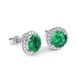 Orecchino a Bottone Con Verde Smeraldo a Punta E Diamanti 6.5 Carati in Oro Bianco 14k