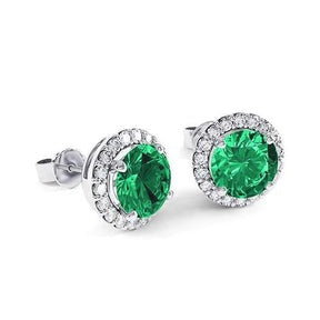 Orecchino a bottone con Verde smeraldo a punta e diamanti 6.5 carati in oro bianco 14K