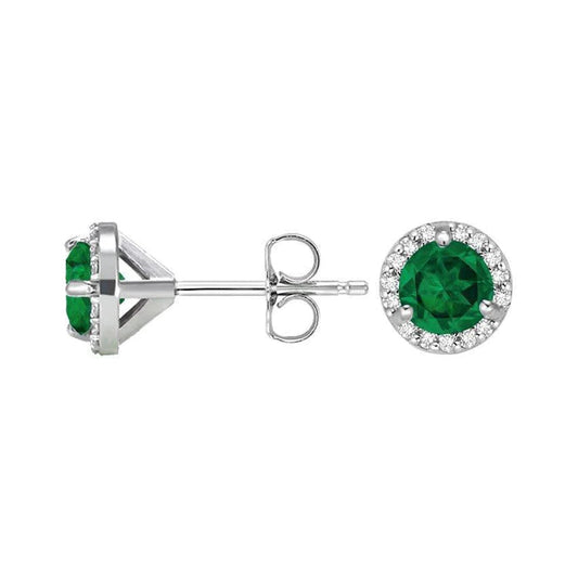 Orecchino a bottone con Verde smeraldo rotondo e diamante aureo. oro bianco da 3.70 carati 14K