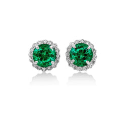 Orecchino a Bottone Con Verde Smeraldo Tondo Da 7.30 Carati E Diamanti in Oro Bianco 14k