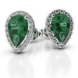 Orecchino a perno da donna con Verde smeraldo a pera e diamanti. oro bianco 14 carati. 11 carati