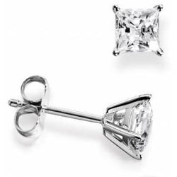 Orecchino A Bottone Con Naturale Diamante In Oro Bianco 1,5 Ct. Set 4 Punte Princess Cut