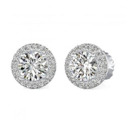 Orecchino A Bottone In Oro Bianco 14K Con Genuino Diamante Taglio Rotondo Halo Da 1,45 Ct