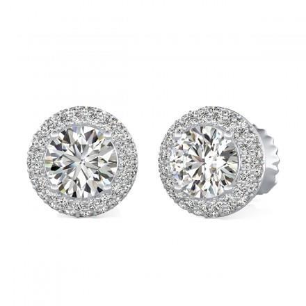 Orecchino A Bottone In Oro Bianco 14K Con Genuino Diamante Taglio Rotondo Halo Da 1,45 Ct