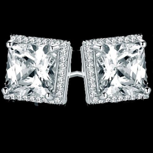 Orecchino A Bottone In Oro Bianco 14K Con Naturale Diamante Tondo E Principessa Con Aureola Da 2,70 Ct