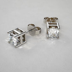 Orecchino A Bottone In Oro Bianco 14K Con Vero Diamante Taglio Princess Da 2 Ct