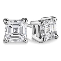 Orecchino A Bottone In Oro Bianco Con Vero Diamante Taglio Asscher A Quattro Punte Da 2 Carati