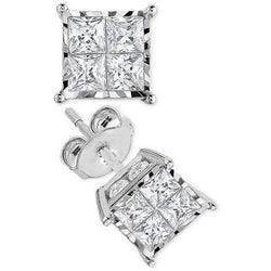 Orecchino A Bottone In Oro Bianco Con Vero Diamanti Taglio Princess Da 2 Ct