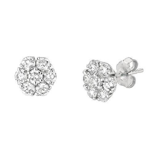 Orecchino A Bottone Rotondo Con Vero Diamante Stile Fiore In Oro Bianco 1.50 Carati 14K