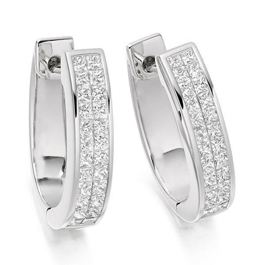 Orecchino A Cerchio In Oro Bianco 14K Con Vero Diamanti Taglio Principessa Piccolo Da 3,80 Ct