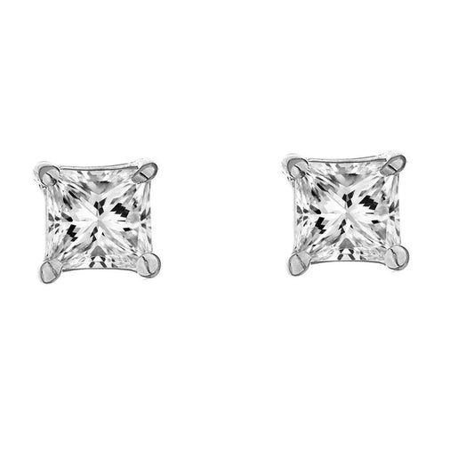 Orecchino A Bottone Con Vero Diamante Taglio Principessa, 4 Griffe, Oro Bianco 3 Carati, 14K