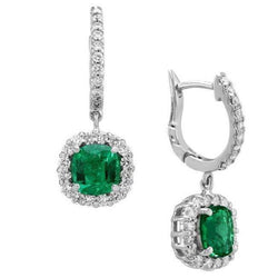 Oro Bianco 14K Cuscino Verde Smeraldo Halo Diamanti 5 Ct. Orecchino A Goccia