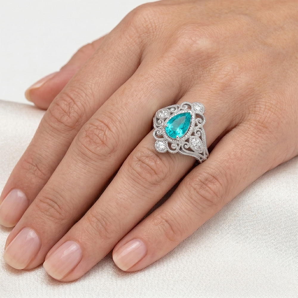 Oro Bianco 14K Vintage Paraiba Neon Anello Halo 1 carati