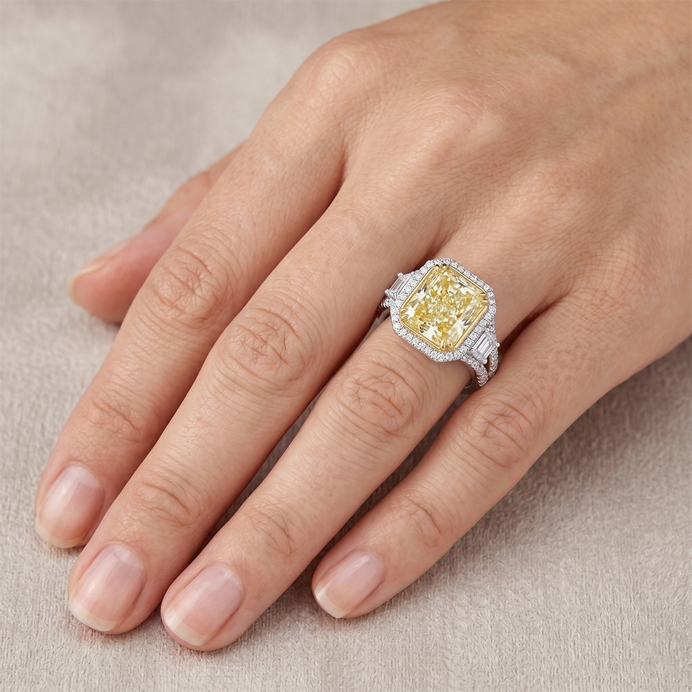 Oro Due Toni 14K Taglio Radiant Diamante Giallo Fancy Anello