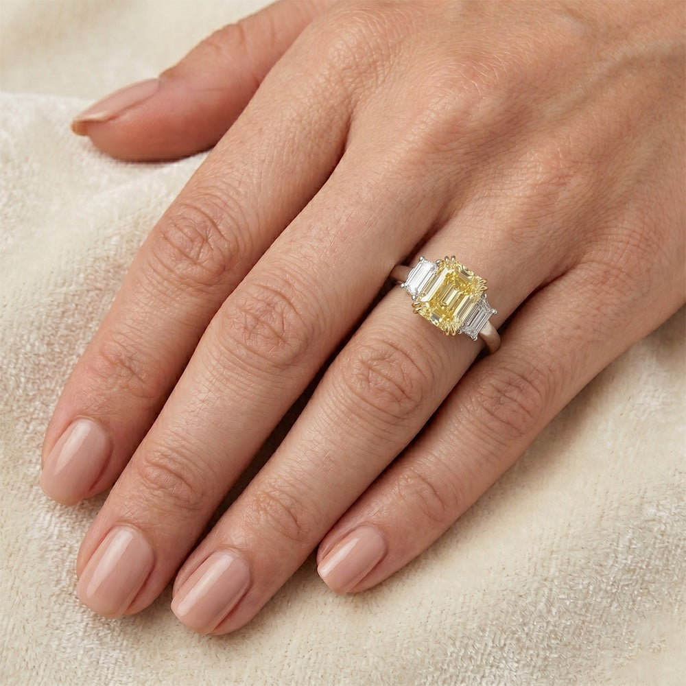 Oro Due Toni 14K VVS Diamante Giallo Canarino Anello Tre Pietre