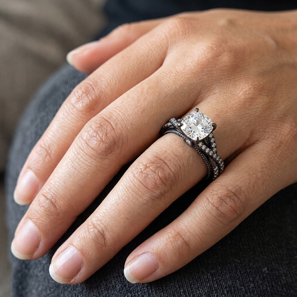 Oro Nero Vero Cuscino Diamante Donna Anello Con Accenti