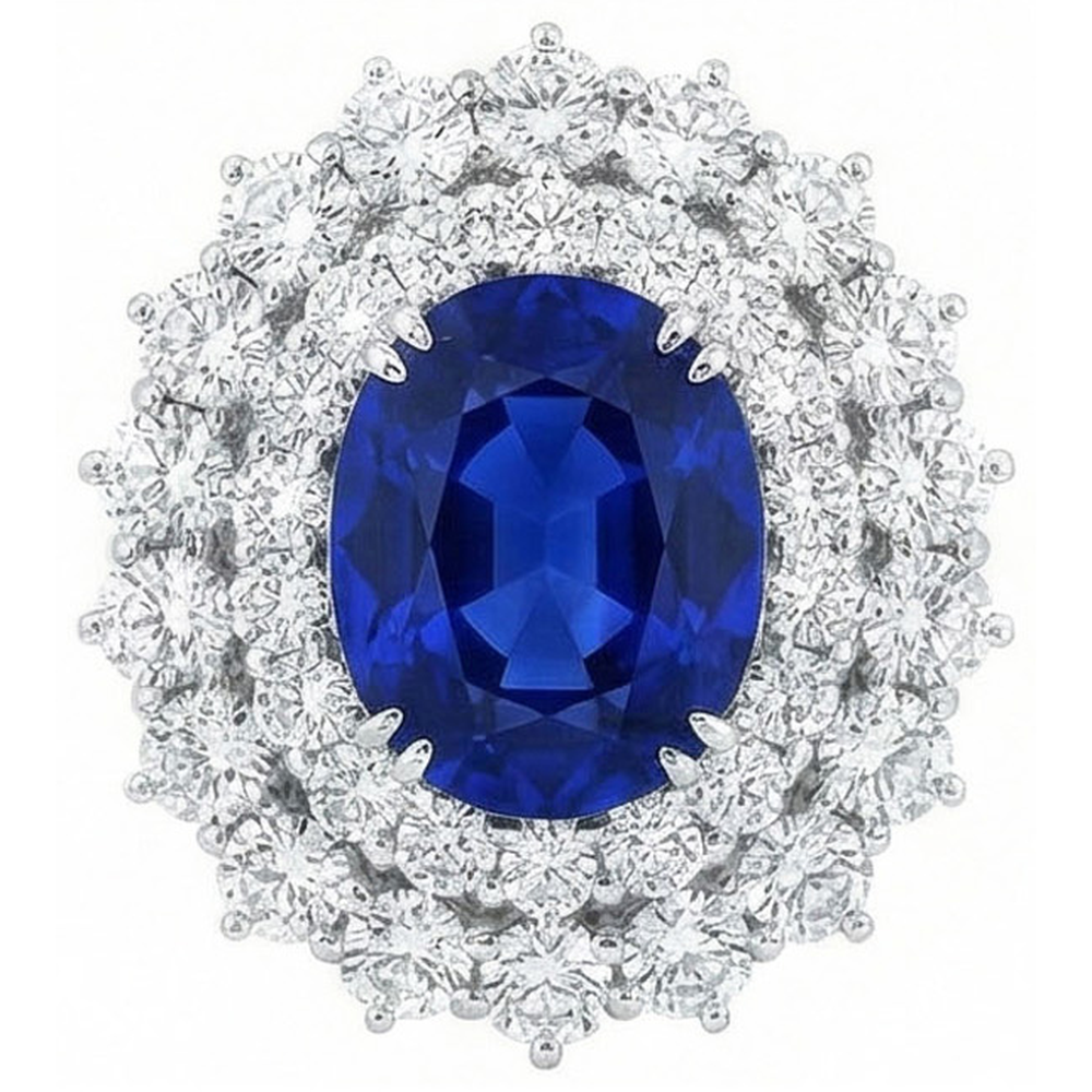 Oro bianco 14K 10 ct. Anello con zaffiro a cuscino e diamanti rotondi