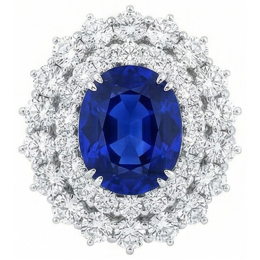 Oro bianco 14K 10 ct. Anello con zaffiro a cuscino e diamanti rotondi
