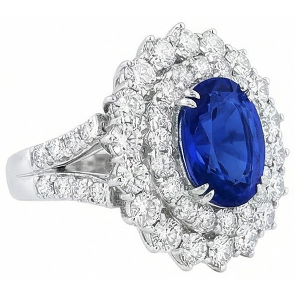 Oro bianco 14K 10 ct. Anello con zaffiro a cuscino e diamanti rotondi
