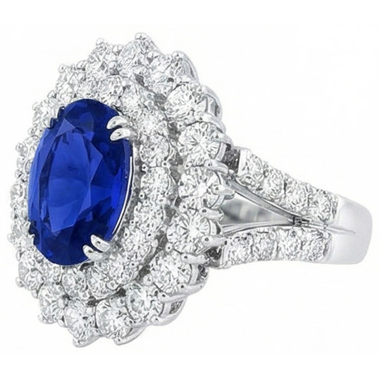 Oro bianco 14K 10 ct. Anello con zaffiro a cuscino e diamanti rotondi