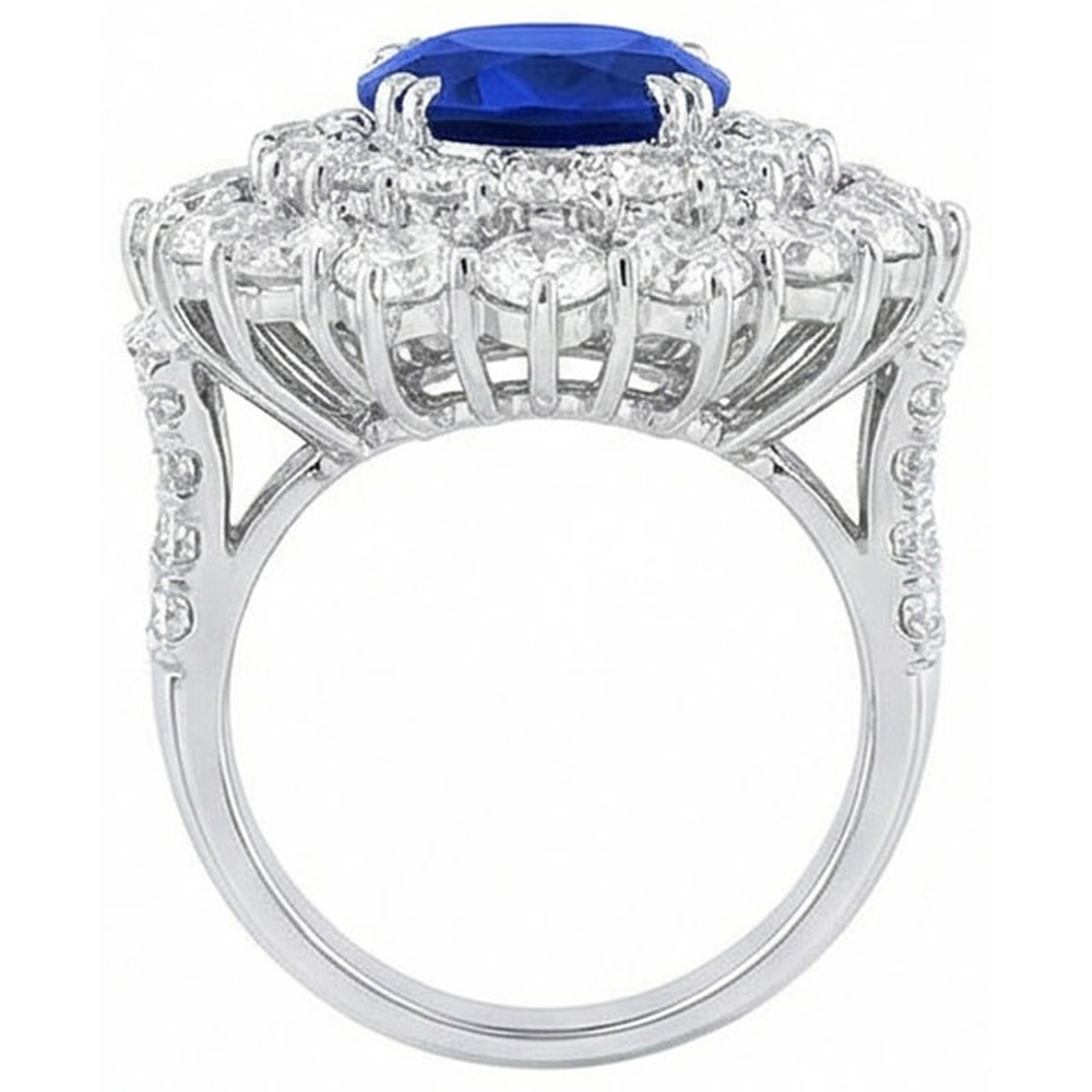 Oro bianco 14K 10 ct. Anello con zaffiro a cuscino e diamanti rotondi