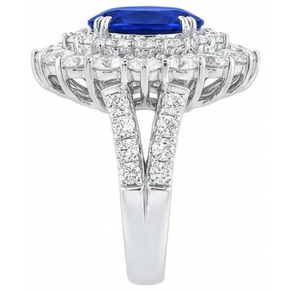 Oro bianco 14K 10 ct. Anello con zaffiro a cuscino e diamanti rotondi