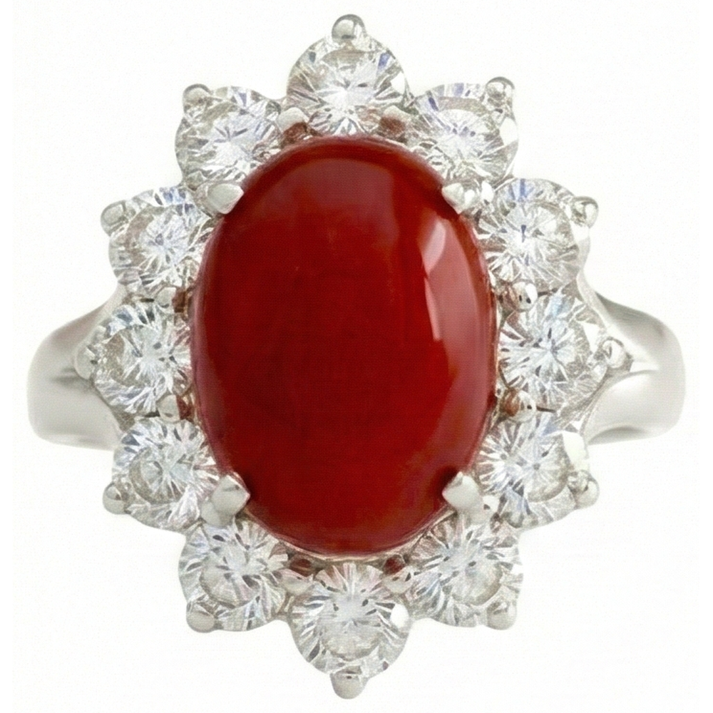 Oro bianco 16.50 ct. Anello solitario con accento di corallo rosso e diamanti