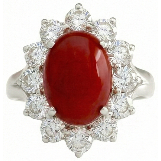 Oro bianco 16.50 ct. Anello solitario con accento di corallo rosso e diamanti