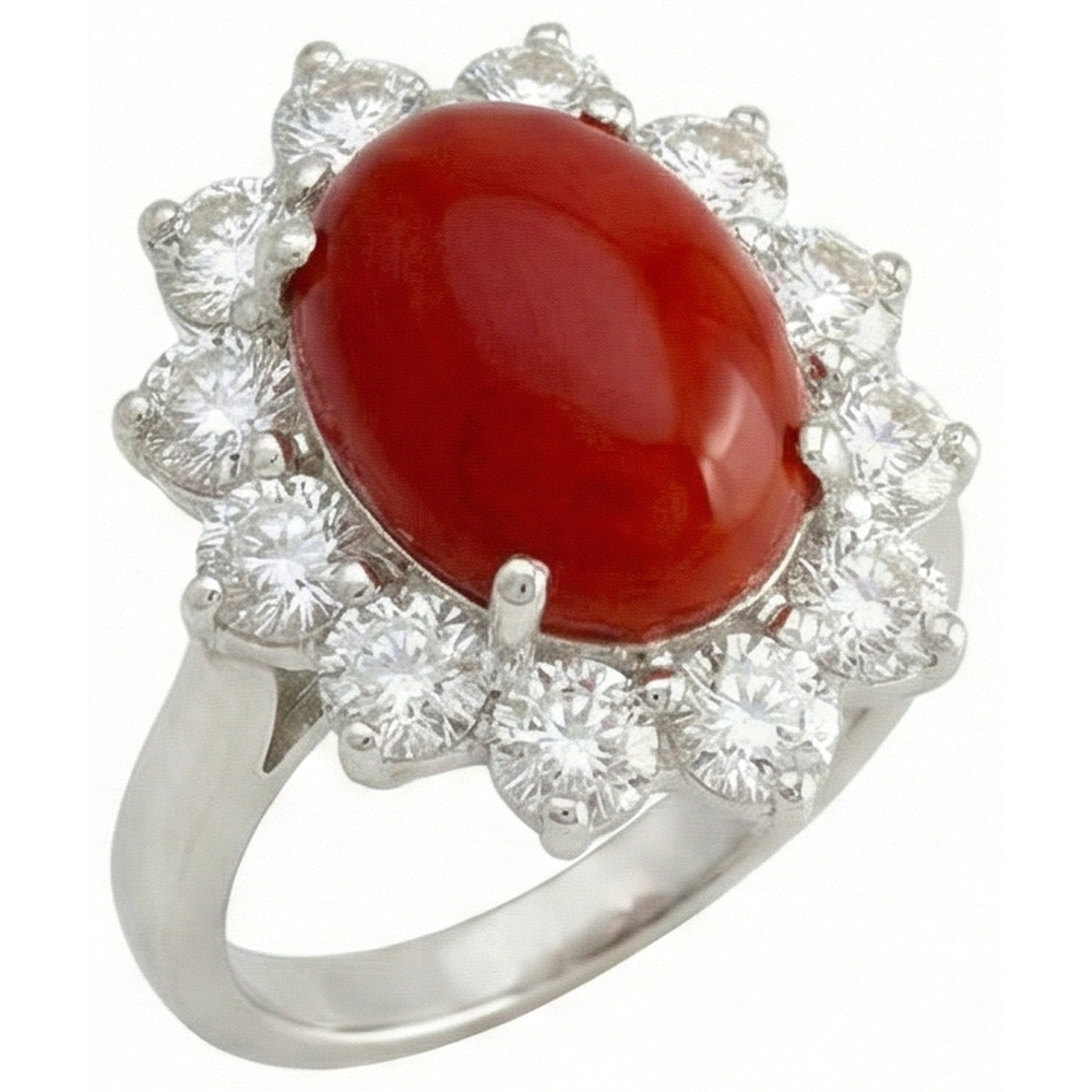 Oro bianco 16.50 ct. Anello solitario con accento di corallo rosso e diamanti