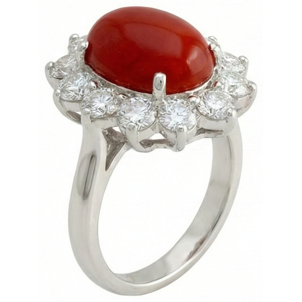 Oro bianco 16.50 ct. Anello solitario con accento di corallo rosso e diamanti