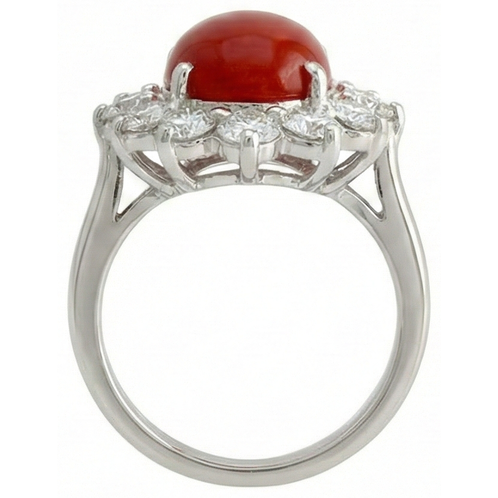Oro bianco 16.50 ct. Anello solitario con accento di corallo rosso e diamanti