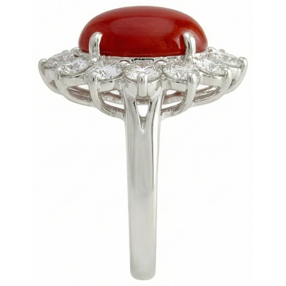 Oro bianco 16.50 ct. Anello solitario con accento di corallo rosso e diamanti
