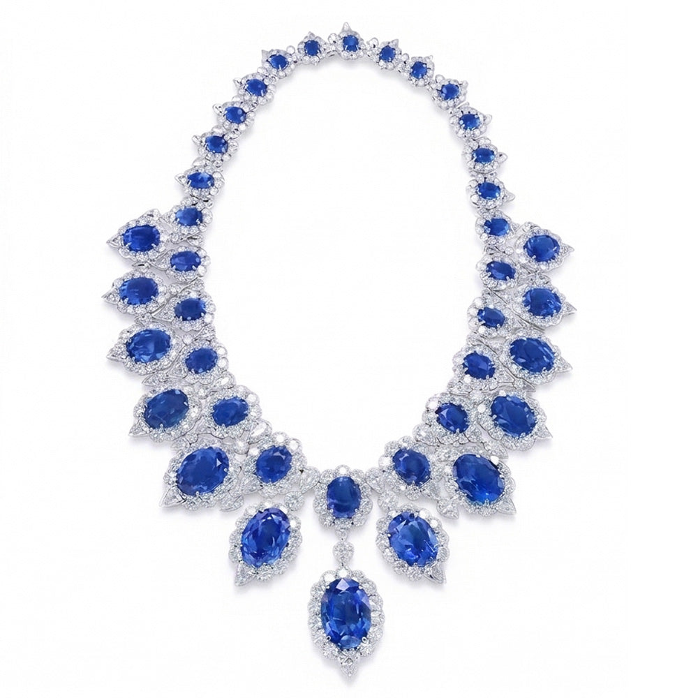 Oro bianco 291,17 ct. Gioielli con collana di zaffiri blu e diamanti bianchi