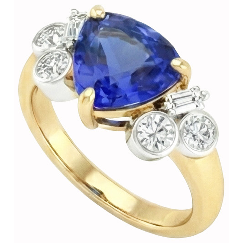 Oro giallo Zaffiro dello Sri Lanka taglio trilioni di diamanti 6,10 ct. Squillo