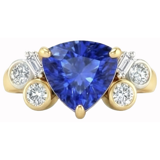 Oro giallo Zaffiro dello Sri Lanka taglio trilioni di diamanti 6,10 ct. Squillo