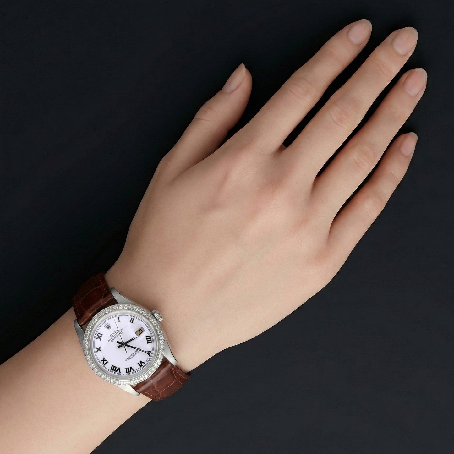 Orologio Datejust Rolex con quadrante romano e lunetta con diamanti, cinturino in pelle marrone, acciaio inossidabile, IMPOSTAZIONE RAPIDA