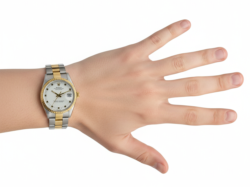 Orologio Rolex Date 34 mm quadrante bianco oro giallo e bracciale ostrica in acciaio inossidabile