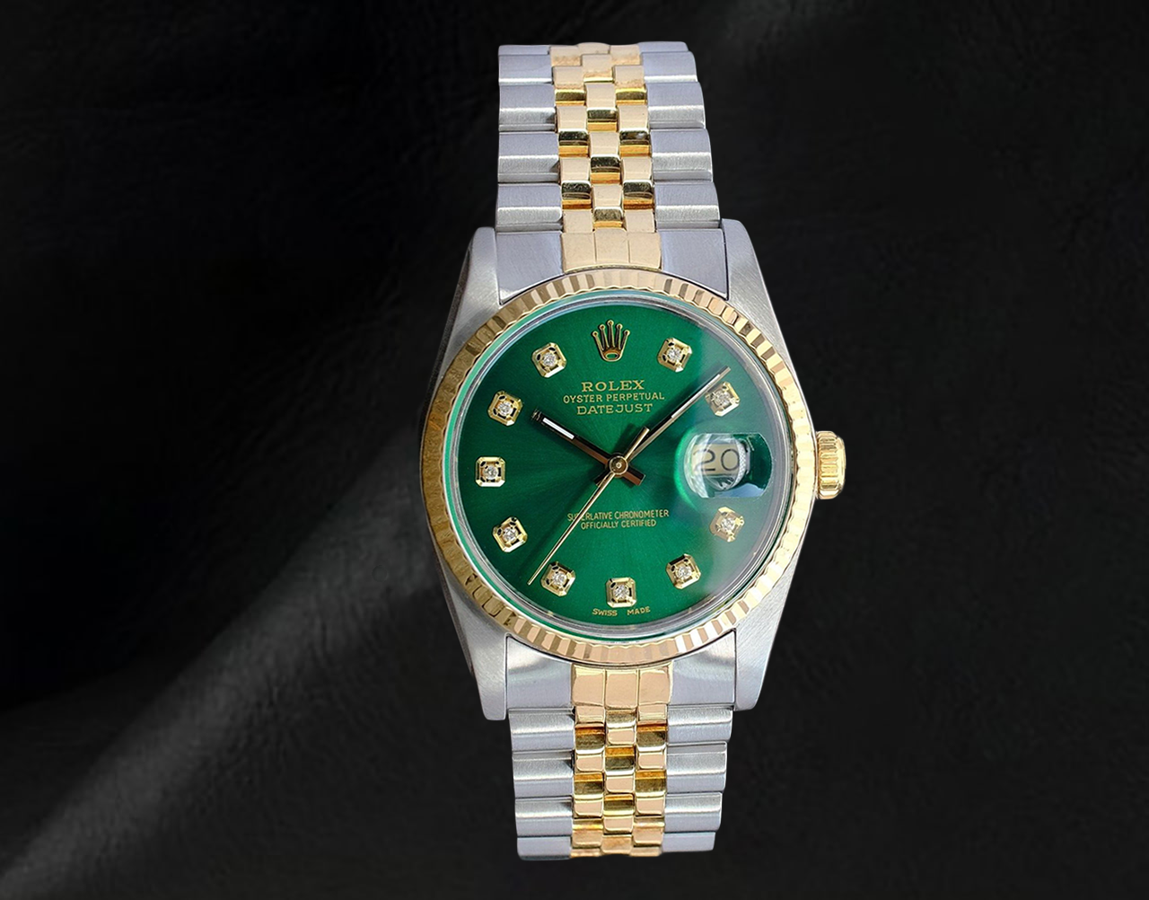 Orologio Rolex Datejust 36 mm con quadrante verde e diamanti bicolore
