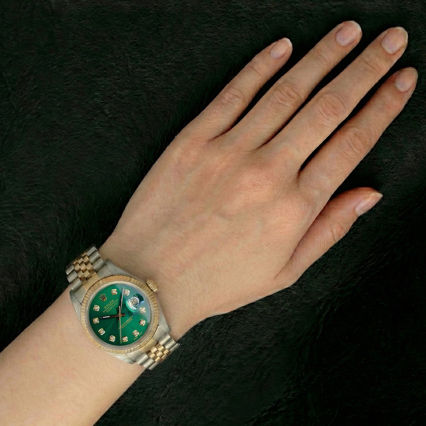 Orologio Rolex Datejust 36 mm con quadrante verde e diamanti bicolore